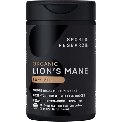 Sports Research Organic Lion'S Mane Mushroom Supplement 1800Mg - Brain Health Focus & Cognitive Supports - Usda Certified Organic Non-Gmo Vegan 90 Count Capsules