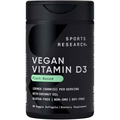 Sports Research Vegan Vitamin D3 5000Iu (125 Mcg) With Coconut Oil 100 Plant-Based Vitamin D For Bone Joint & Immune Support Carrageenan Free Vegan Certified & Non-Gmo Verified (60 Softgels)