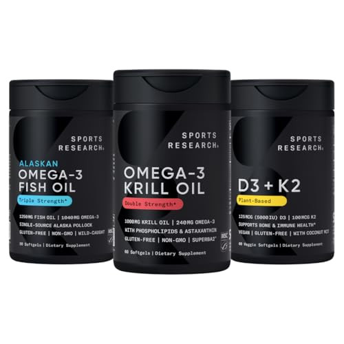 Sports Research Antarctic Krill Oil Omega 3 1000Mg (Double Strength) With Phospholipids Choline & Astaxanthin Triple Strength Omega 3 Fish Oil Single-Source Wild Alaska Pollock 1250Mg Vitamin D3 K
