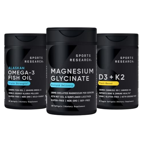 Sports Research Multivitamins Pack - Triple Strength Omega-3 Fish Oil 1250 160 Mg Chelated Magnesium Glycinate Vegan Vitamin D 5000Iu & Mk7 Vitamin K 100Mcg