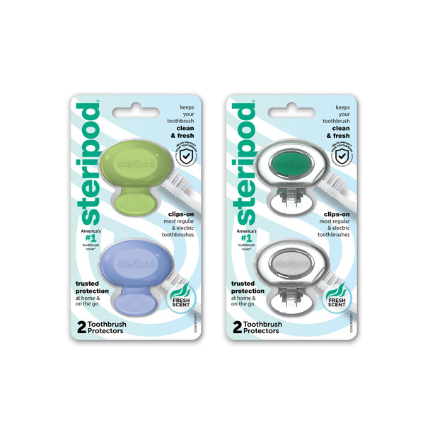 Steripod Clip-On Toothbrush Protector Keeps Toothbrush Fresh And Clean Fits Most Manual And Electric Toothbrushes Blue Green Clear 4 Count