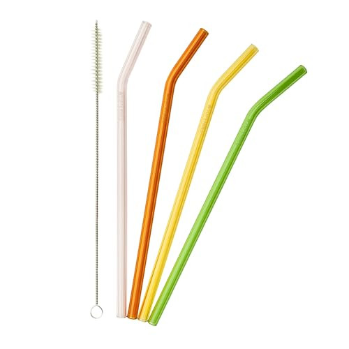 Superbee Glass Straw Set With Case & Cleaning Brush - Bent Glass Straws For Drinks - 100 Vegan & Cruelty Free - Reusable Drinking Straws Pack Of 4 Straws