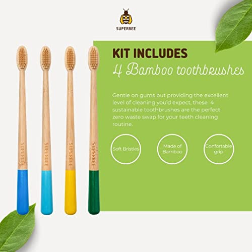 Superbee Family Kit With Dentos Toothpaste Tablets 300 Tabs Natural Floss Soft Bristles Bamboo Toothbrushes - Fluoride Free & Eco Friendly Housewarming Christmas Plastic Free