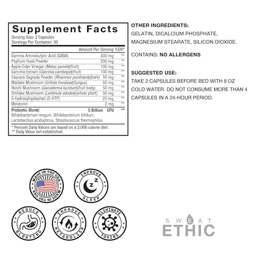 Sweat Ethic Pure & Lean Detox Natural Nighttime Support With Gaba 5 Htp Melatonin Probiotics & Herbal Extracts Supports Evening Routine And Digestion Dietary Supplement For Men & Women 60 Count