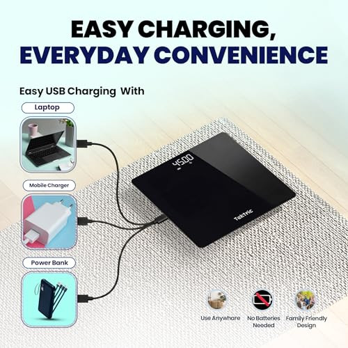 Tektric Digital Bathroom Scale For Body Weight - Rechargeable Weight Scale For People With Led Display Kg/Lb 400 Lb Capacity Step-On Technology Highly Accurate