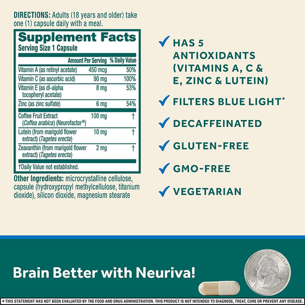 Lutein & Coffee Cherry  Neuriva Brain + Eye Support Capsules (30 count in a box), With Vitamins A C E, Zinc, Zeaxanthin, Antioxidants, Filters Blue Light, Decaffeinated, Vegetarian, Gluten & GMO Free