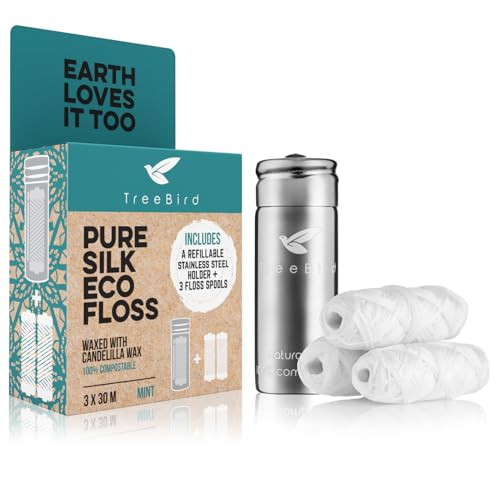 Treebird Pure Silk Eco Floss Kit - Refillable Floss Dispenser (Stainless Steel) 3 33 Yd Silk Refills Waxed With Candelilla Wax Mint
