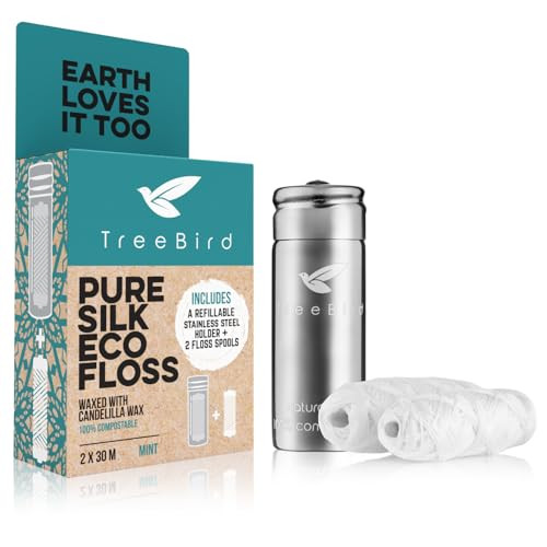 Treebird Pure Silk Eco Floss Kit - Refillable Floss Dispenser (Stainless Steel) 2 33 Yd Silk Refills Waxed With Candelilla Wax Mint