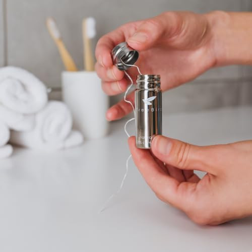 Treebird Pure Silk Eco Floss Kit - Refillable Floss Dispenser (Stainless Steel) 2 33 Yd Silk Refills Waxed With Candelilla Wax Mint