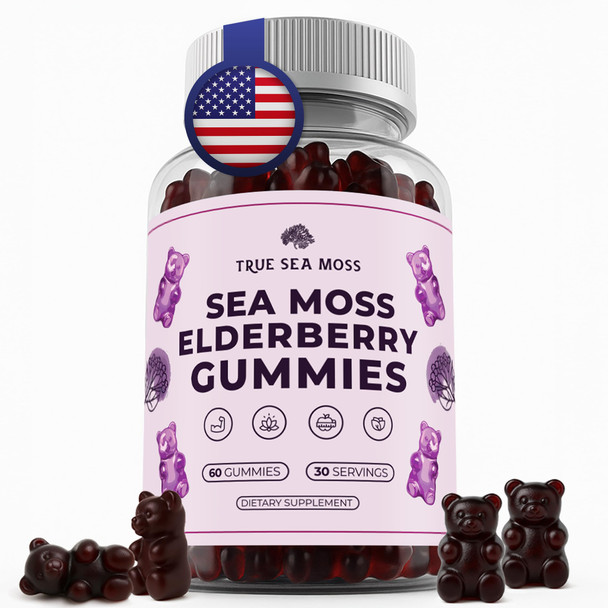 Trueseamoss Sea Moss Gummies With Elderberry Burdock Root & Bladderwrack For Adults & Kids 4 Fruity Flavor 60 Gummies