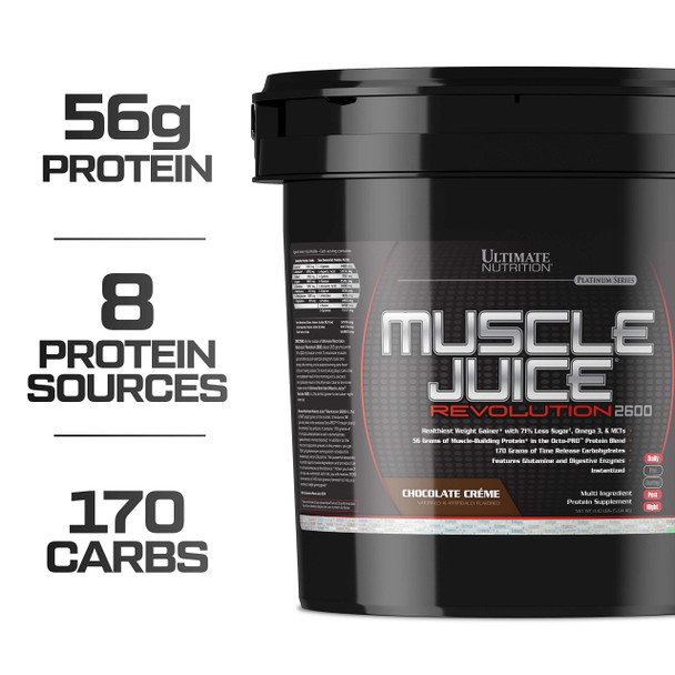 Ultimate Nutrition Muscle Juice 2600 Revolution Weight Gain Drink Mix - Mass Gainer Workout Powder Supplement For Lean Muscle Growth & Recovery With 56G Protein Blend - Chocolate 11.105Lb