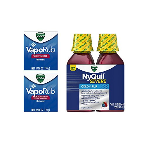 Vicks Cough Cold And Flu Bundle - Vicks Vaporub Cough Suppressant 6 Oz (Pack Of 2) And Vicks Nyquil Severe Nighttime Relief 12 Oz (Twin Pack)