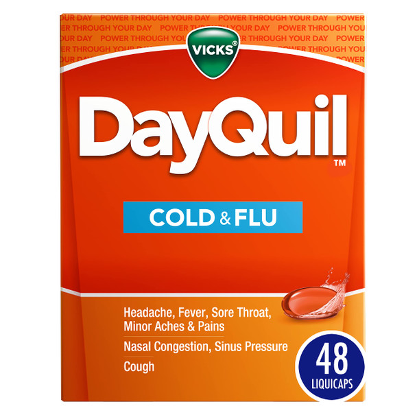 Vicks Dayquil Cold & Flu Medicine Non-Drowsy Powerful Multi-Symptom Daytime Relief For Headache Fever Sore Throat Minor Aches And Pains Nasal Congestion Sinus Pressure And Cough 48 Liquicaps