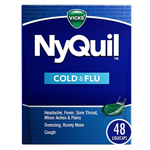 Vicks Nyquil Cold & Flu Relief Over-The-Counter Medicine Powerful Multi-Symptom Nighttime Relief For Headache Fever Sore Throat Aches Sneezing Runny Nose & Cough 48 Liquicaps
