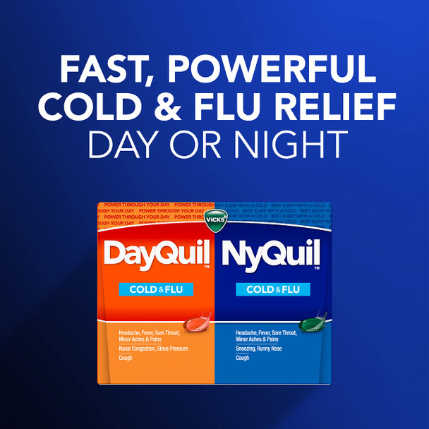 Vicks Dayquil & Nyquil Co-Pack Cold & Flu Medicine Powerful Multi-Symptom Daytime & Nighttime Relief For Headache Fever Sore Throat Minor Aches & Pains & Cough 72Ct