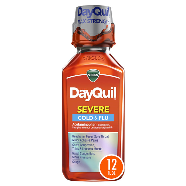 Vicks Dayquil Severe Cold & Flu Relief Liquid Medicine Maximum Strength 9-Symptom Non-Drowsy Daytime Relief For Headache Fever Sore Throat Minor Aches And Pains Chest Congestion Stuffy Nose Nasal Congestion Sinus Pressure And Cough 12 Fl Oz