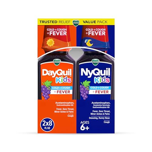 Vicks Dayquil And Nyquil Kids Grape Cold & Cough Fever Multi-Symptom Relief Liquid Co-Pack Specially Formulated For Kids Ages 6 2X8 Oz
