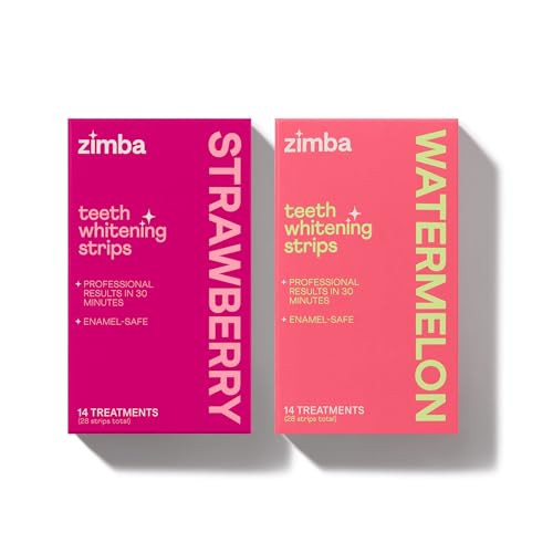 Zimba Teeth Whitening Strips For Teeth Sensitive White Strips For Teeth Whitening Teeth Whitener Stain Remover 28 White Strips Included Per Pack 2 Pack (14 Day Treatment) Strawberry And Watermelon