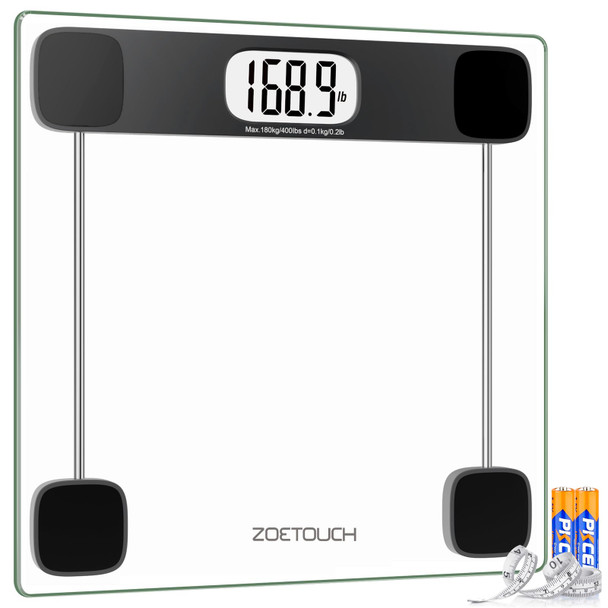 Zoetouch Scale For Body Weight Accurate Bathroom Scales Digital Weighing Machine For People 400Lb Capacity Lcd Display Step-On Technology Tempered Glass Measuring Tape Included