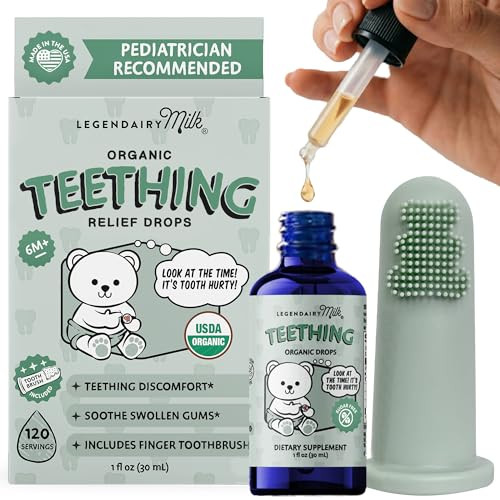 Legendairy Milk Organic Baby Teething Relief Drops With Silicone Toothbrush Gum Relief For Babies & Toddlers 6 M+ Soothing Chamomile Clove Blend Teething Gel Alternative Sugar Free 120 Servings