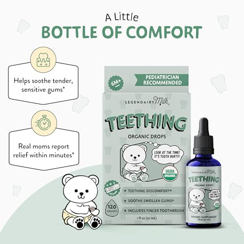 Legendairy Milk Organic Baby Teething Relief Drops With Silicone Toothbrush Gum Relief For Babies & Toddlers 6 M+ Soothing Chamomile Clove Blend Teething Gel Alternative Sugar Free 120 Servings