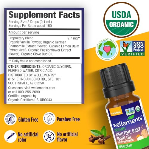 Wellements Organic Nighttime Baby Tooth Oil For 4 Months+ (0.5 Fl Oz) - Baby Teething Relief Oil* For Soothing & Massage For Tiny Gums* - Organic Blend Of Essential Oils & Sleepy Time Herbs*