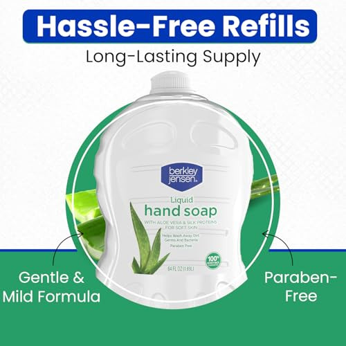 Berkley Jensen Liquid Hand Soap Refills With Aloe Vera - 64 Oz Bottle (Pack Of 2) - Hypoallergenic Scented Hand Wash With Silk Protein For Soft Hands - Paraben Free Hand Soap For Daily Use