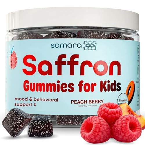 Samara 888 Saffron For Kids | Saffron Gummies For Kids Supports Happy Mood & Temper Control W/Lavender Chamomile Passionflower & Electrolytes Vegan Melatonin-Free 45 Peach Berry Gummies