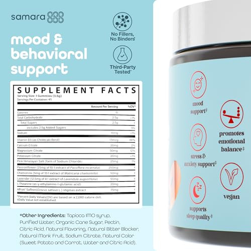 Samara 888 Saffron For Kids | Saffron Gummies For Kids Supports Happy Mood & Temper Control W/Lavender Chamomile Passionflower & Electrolytes Vegan Melatonin-Free 45 Peach Berry Gummies