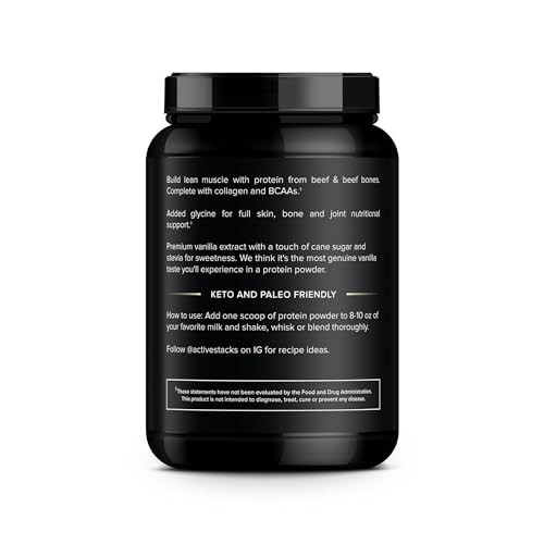 Active Stacks Beef Protein Powder Vanilla - Dairy Free With Natural Collagen For Keto Paleo Bone Broth & Low Carb Diets 2 Pound