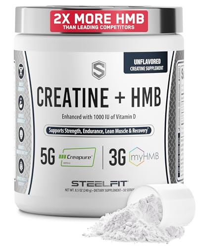 Steelfit Creatine Hmb Powder - 5G Creapure Creatine Monohydrate Powder 3G Myhmb & 1000 Iu Vitamin D - Workout Supplement Supports Muscle Growth Strength Recovery & Energy - Unflavored 30 Servings