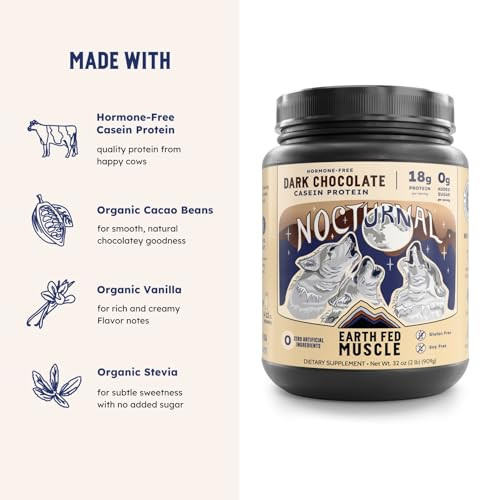 Earth Fed Muscle Nocturnal Casein Protein Powder Dark Chocolate Protein Powder With Whey Blend 18G Protein Sugar Free Gluten Free Nighttime Recovery Protein Poweder 2Lb 23 Servings