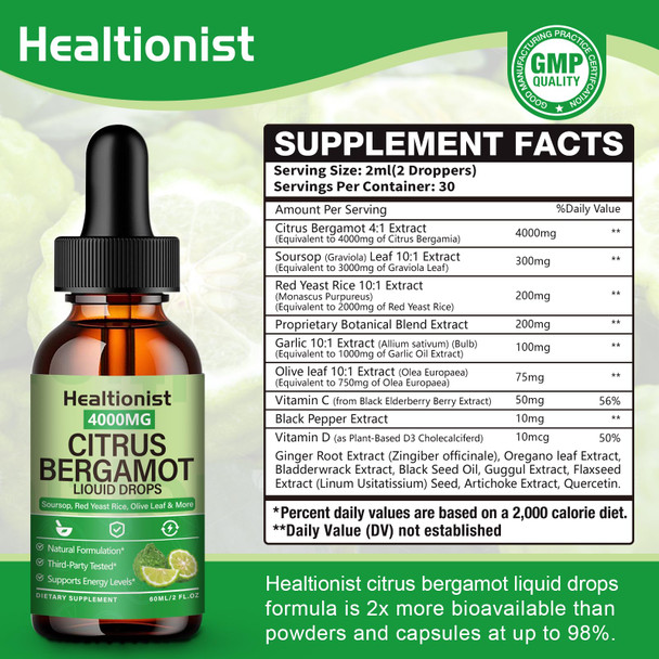 Healtionist 2 Packs 4000Mg Citrus Bergamot Liquid Drops - Cholesterol Lowering Supplement For Immune Support Anti-Aging Hight Cholesterol - Soursop Bitters Liquid High Absorption 4 Fl Oz