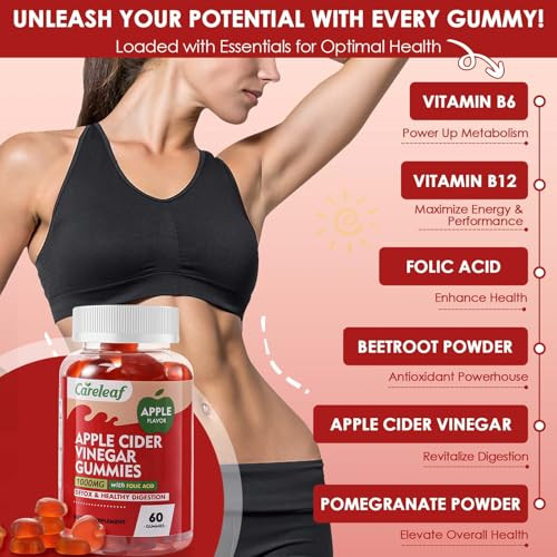 Careleaf Apple Cider Vinegar Gummies Metabolism Gummy With 1000Mg Avc & Vitamin B6 Vitamin B12 Acv Gummies For Metabolism Digestion Detox Gut & Immune Health 60 Counts