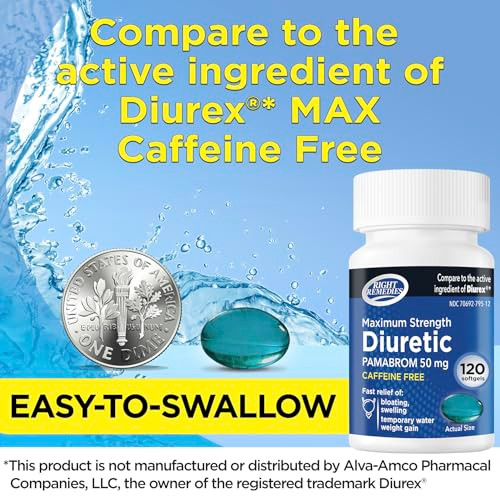 Right Remedies Maximum Strength Caffeine-Free Diuretic Softgels (120 Softgels) Pamabrom 50Mg Helps Relieve Heaviness Due To Water Weight Gain