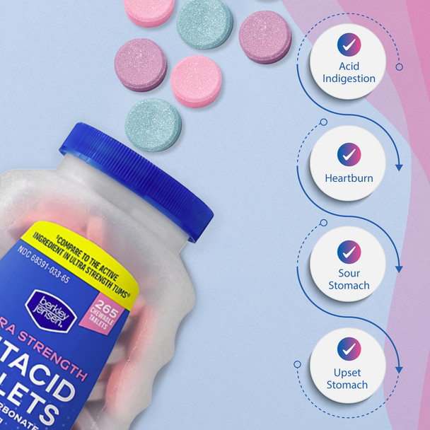Berkley Jensen Ultra Strength Antacid Chewable Tablets - 1000Mg Calcium Carbonate For Heartburn Acid Indigestion Upset Stomach Relief - Assorted Berry Flavor 265 Count