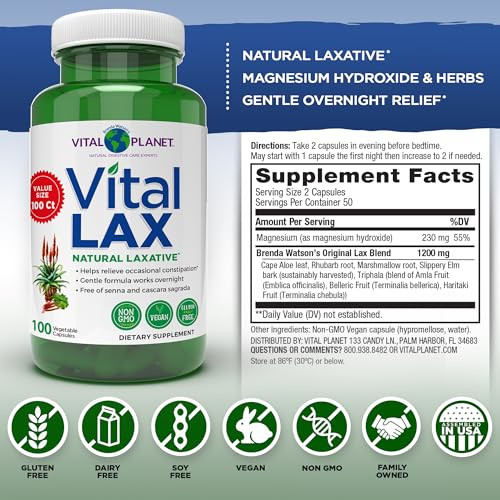 Vital Planet - Vital Lax Natural Laxative Cleanse Supplement For Occasional Constipation With Magnesium Hydroxide Slippery Elm Aloe And Triphala To Support Bowel Regularity 100 Capsules