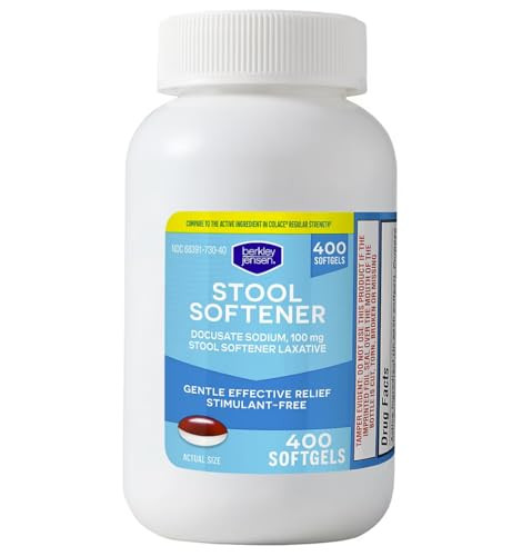 Berkley Jensen Stool Softener Laxative Docusate Sodium 100 Mg Stimulant-Free Gentle Dependable Constipation Relief - Helps Promote Regular Bowel Movements 400 Softgels (Pack Of 1)