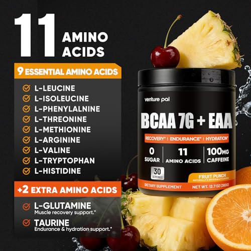 Venture Pal Sugar Free 7G Bcaa + Eaa Powder | Supports Muscle Recovery Growth Strength & Endurance 9 Essential Amino Acids With L-Glutamine Caffeine Vitamin & Electrolyte For Energy & Hydration