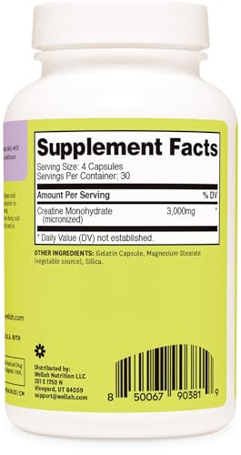 Wellah Creatine Monohydrate Capsules (3000 Mg) 120 Capsules - Micronized Creatine 30 Servings