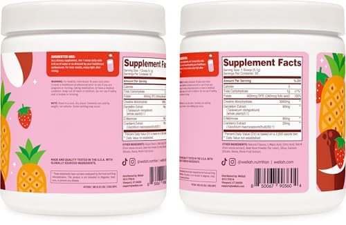 Wellah Creatine For Women (50 Servings Strawberry Pina Colada) - Creatine Monohydrate With Dandelion & Cranberry Extract