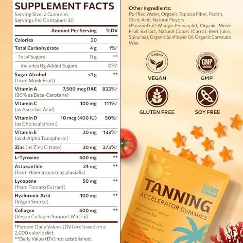 Sapotax Tanning Gummies With Astaxanthin Sunless Tanning Supplement With Beta Carotene Collagen Lycopene & Vitamins Tropical Flavor 60 Gummies