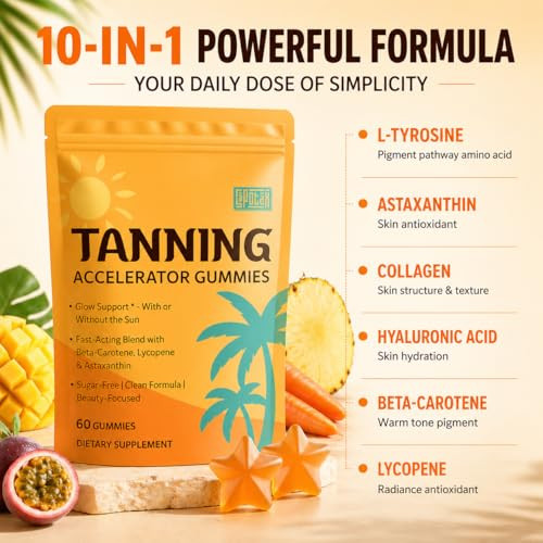 Sapotax Tanning Gummies With Astaxanthin Sunless Tanning Supplement With Beta Carotene Collagen Lycopene & Vitamins Tropical Flavor 60 Gummies