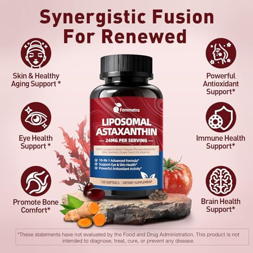 Femmetra Liposomal Astaxanthin Supplements 24Mg With Lycopene For Eye Skin & Immune Health 10-In-1 Max Strength Astaxanthin Antioxidant Supplement Fresh Microalgae Source Non-Gmo 120 Softgels