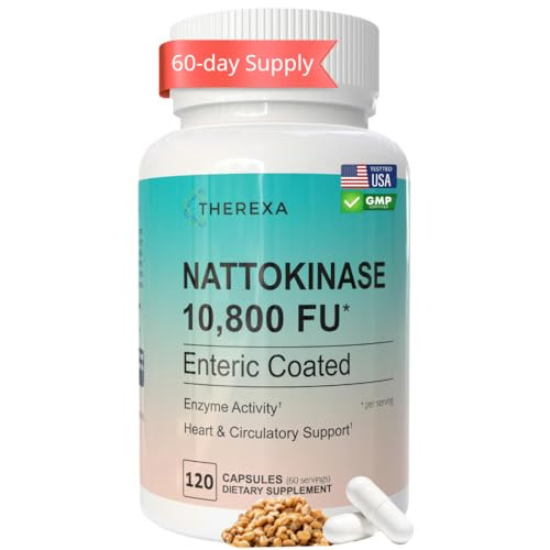 Therexa Nattokinase 10800 Fu - Enzyme Activity With Ultimate Nattokinase Supplement Enteric-Coated Capsules Aiding Digestion & Assisting Absorption 120 Capsules