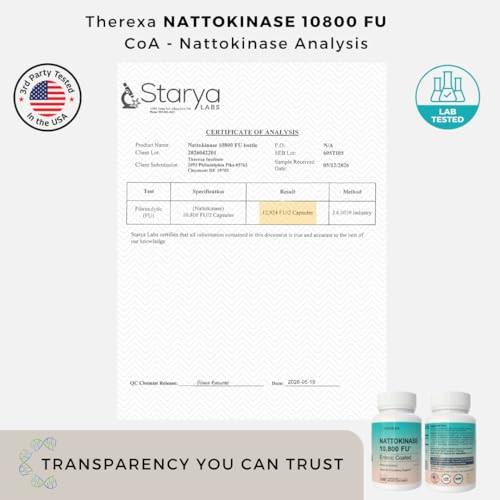 Therexa Nattokinase 10800 Fu - Enzyme Activity With Ultimate Nattokinase Supplement Enteric-Coated Capsules Aiding Digestion & Assisting Absorption 120 Capsules