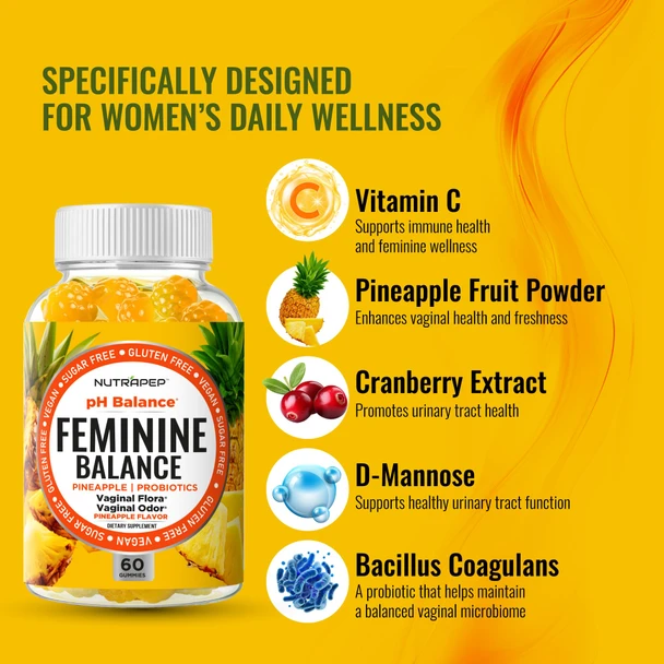 Nutrapep Feminine Balance Probiotics Gummies For Women - Vaginal Health & Women'S Ph Balance Natural Gummy Supplement With Cranberry Pineapple Powder - Sugar Free Gluten Free Vegan