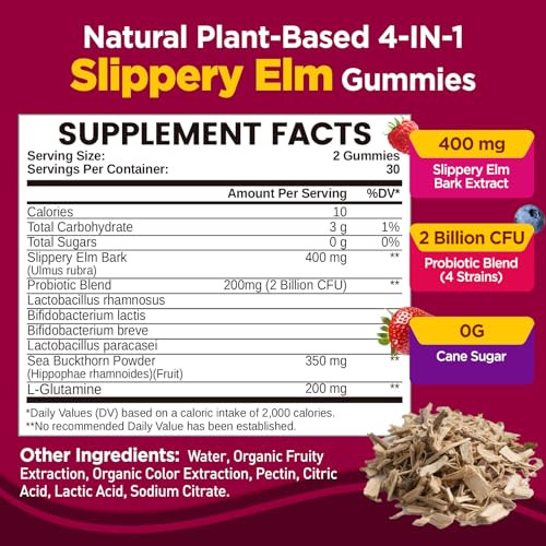 Natisland Slippery Elm For Women Gummies Organic Slippery Elm Bark Extract With Probiotics Sea Buckthorn L-Glutamine For Gut & Digestive Health Throat & Respiratory Support Sugar Free Vegan 60 Gummies