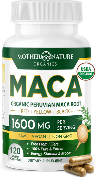 Mother Nature Organic Maca Root Capsules 1600Mg 120 Vegan Capsules Non Gmo Peruvian Yellow Red & Black Maca For Men & Women - Energy Hormone Brain & Weight Well-Being