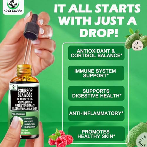 Vita Letuo Soursop DropsSoursop Bitters Liquid With Sea Moss Black Seed Oil Green Tea Extract Ashwagandha Elderberry Holy Basil-Multimineral&Vitamins Superfood Drops For Immune&Digestive & Cell Support